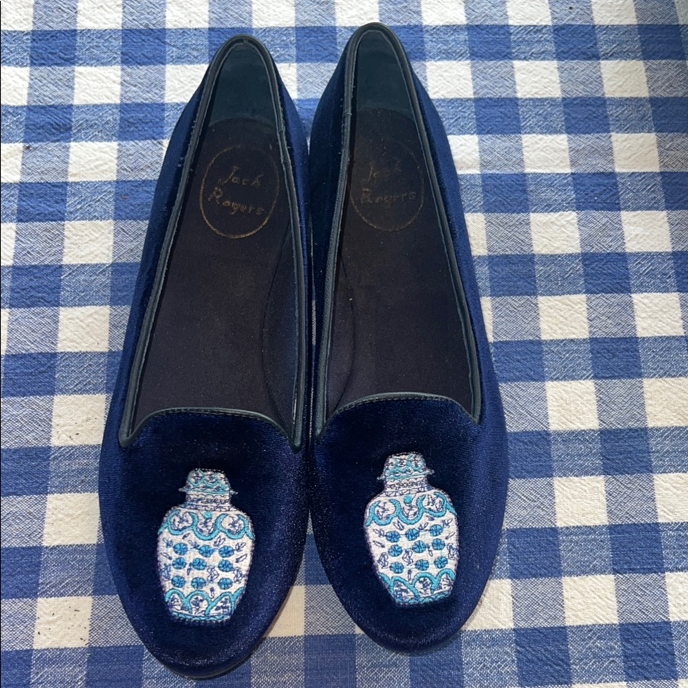 Jack Rogers blue velvet loafers with embroidered ginger jar size 8